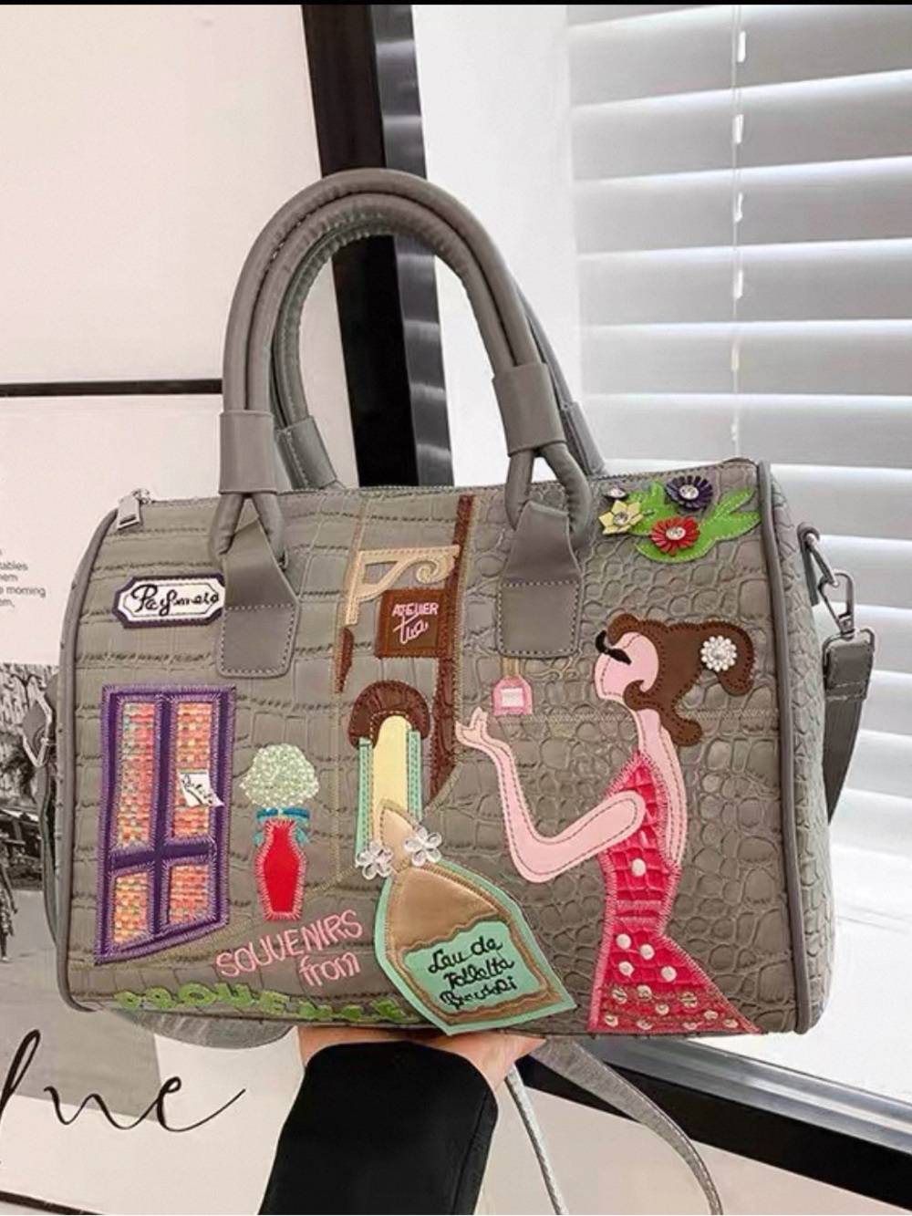 Grey Embellished Dome Satchel - Picture 2 of 11